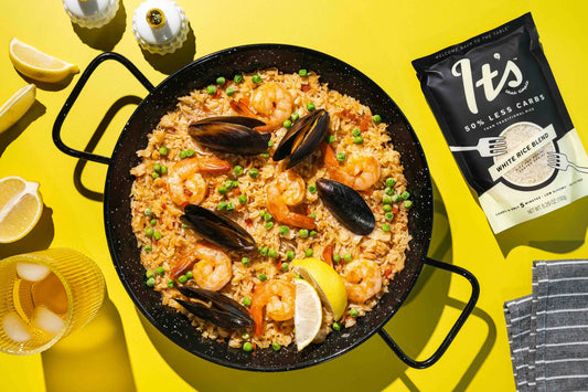 Low carb Spanish Paella made It's That Simple Rice Blend with 50% less carbs than traditional rice.
