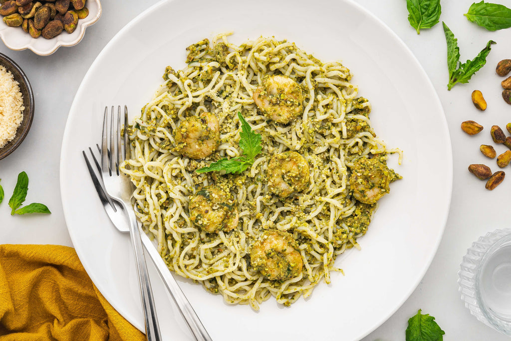 It's Skinny Spaghetti with Pistachio Basil Pesto