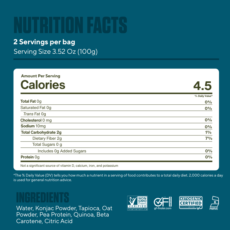 Nutrition facts label for It's Skinny Angel Hair with serving size, calories, and ingredients on a blue background