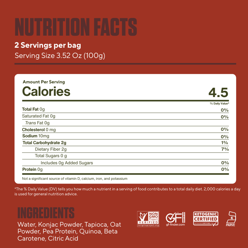 Nutrition facts label for It's Skinny Fettuccine with serving size, calories, and ingredient list on a red background