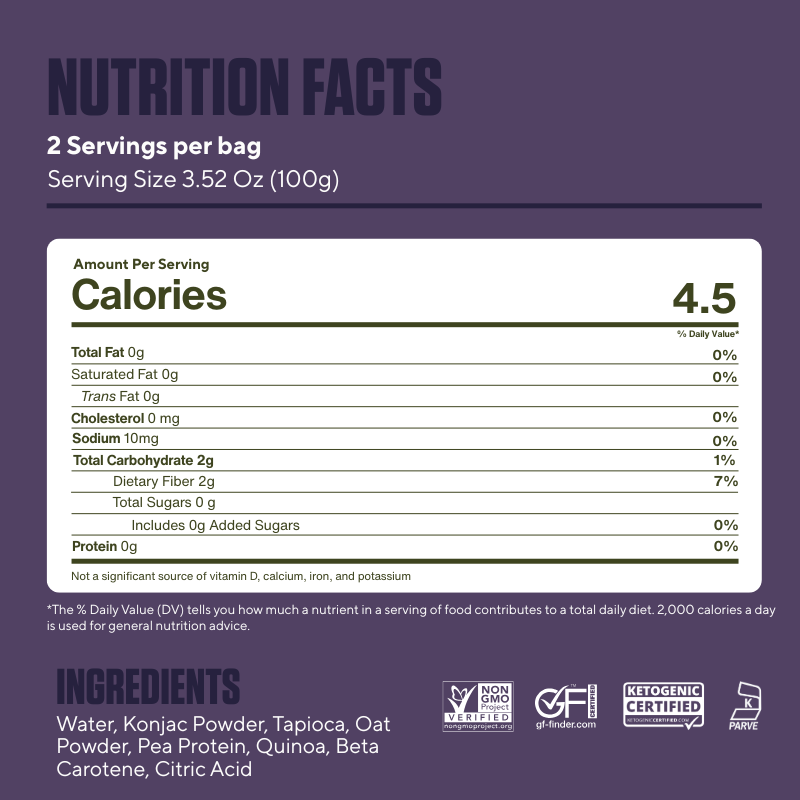 Nutrition facts panel for It's Skinny Orzo showing calories, carbs, protein, and serving size