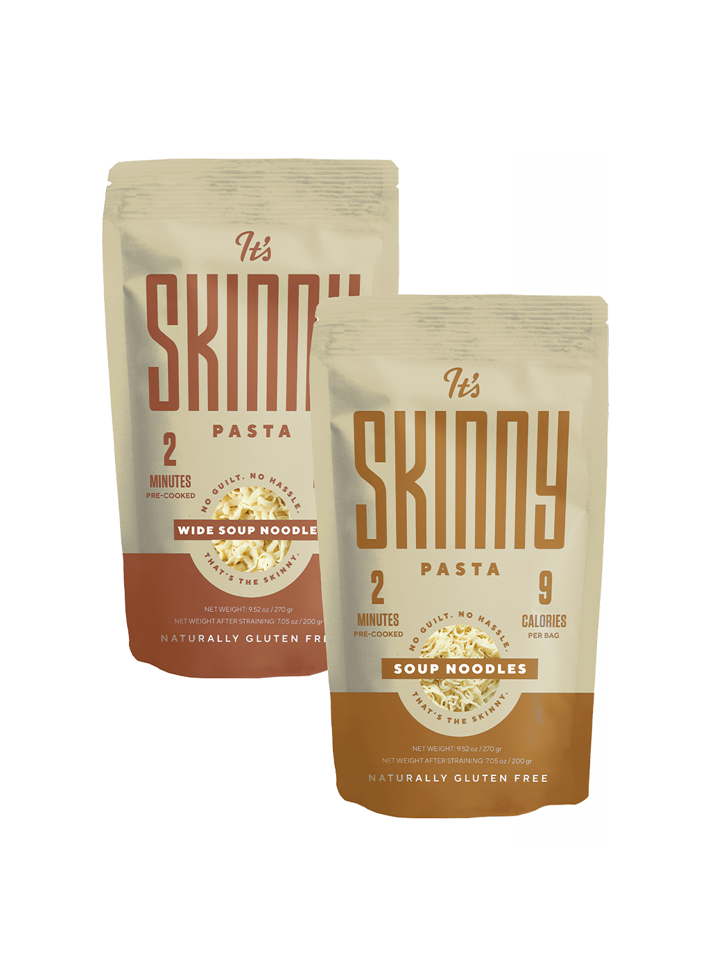 Two packages of Its Skinny Pasta brand soup noodles one wide and one standard