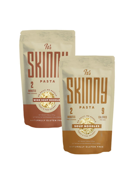 Two packages of Its Skinny Pasta brand soup noodles one wide and one standard