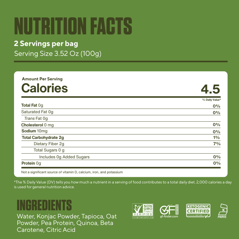 Nutrition facts panel for It's Skinny Spaghetti showing calories, carbs, protein, and serving size