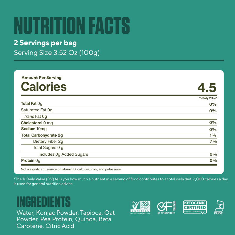 Nutrition facts label for It's Skinny Pappardelle with serving size, calories, and ingredients on a green background