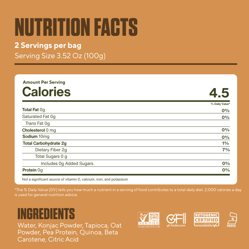 It's Skinny Soup Noodles Nutrition facts label with serving size, calories, and ingredients on a brown background